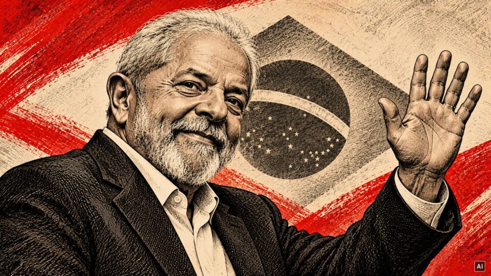 Ritratto illustrato di Luiz Inácio Lula da Silva con la bandiera brasiliana sullo sfondo.