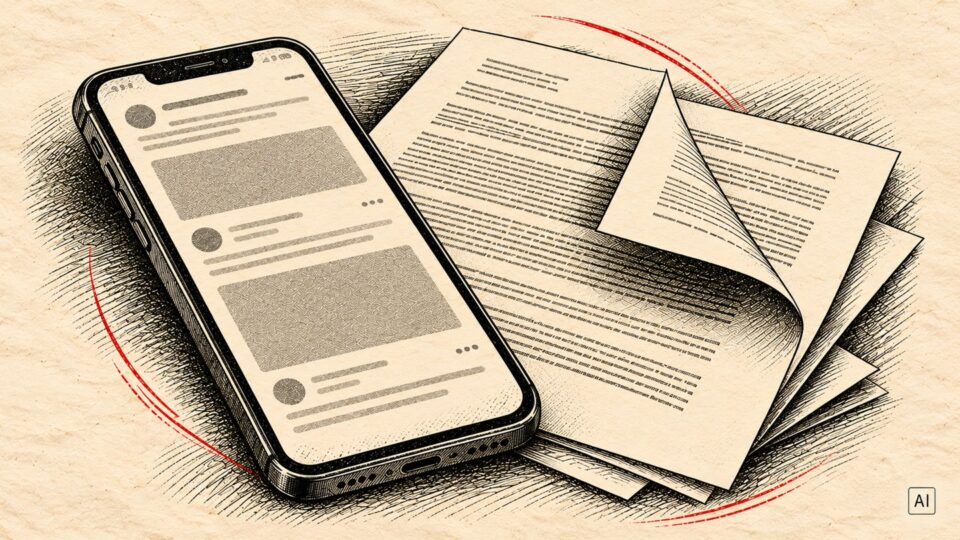 Illustrazione di uno smartphone con contenuti social e documenti su fondo avorio.